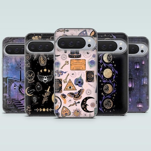 May include: Five phone cases with mystical designs. The cases feature various occult symbols, including moons, butterflies, potion bottles, and Ouija boards. The color palette includes black, pink, purple, and gold accents, creating a magical aesthetic.