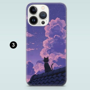 May include: A clear phone case with a black cat silhouette on a rooftop against a purple and pink cloudy sky with stars.
