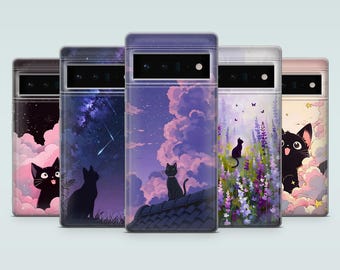 Cat Lofi Phone Case Cute Black Cat Cover for Google Pixel 10Pro, 9Pro XL, 8A, 8Pro, 7A, 7, 6A, Samsung S25, S24, S23, A16, iPhone 17, 16, 15
