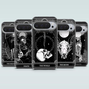 May include: Five black phone cases with white tarot card illustrations. The designs include skeletons, a skull, and a bat skull. Each case has a different card name at the bottom. The cases are for a mobile phone.