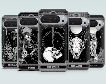 Black Tarot Card Phone Case Goth Skeleton Cover for Google Pixel 10, 10Pro, 9Pro, 9A, 9, 8Pro, 7, 6, Samsung S25Fe, S24, A56, A16, iPhone 17