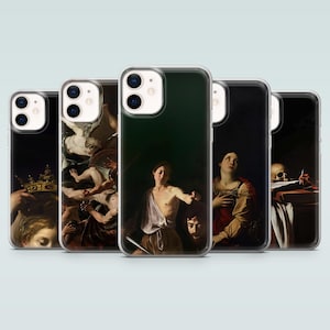 Puede incluir: Un conjunto de fundas para teléfono con obras de arte clásicas. Cada funda muestra una pintura diferente, que representa figuras en diversas poses y entornos. Las fundas tienen un diseño transparente, lo que permite que el arte sea el foco principal.