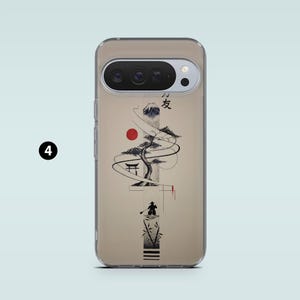 May include: A clear phone case featuring a Japanese-inspired design. The artwork includes a red sun, a bonsai tree, a mountain, and a figure in a boat. The case has a camera cutout and a black number 4 in the corner.