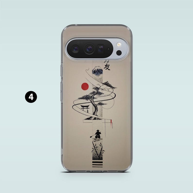 May include: A clear phone case featuring a Japanese-inspired design. The artwork includes a red sun, a bonsai tree, a mountain, and a figure in a boat. The case has a camera cutout and a black number 4 in the corner.