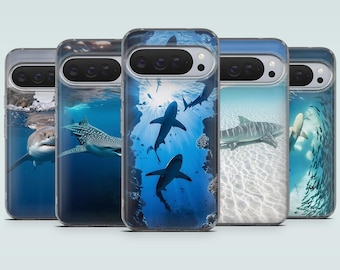 Custodia per telefono Shark Kawaii Ocean Cover per Google Pixel 11, 10Pro, 9Pro, 9A, 9, 8Pro, 7A, 6, Samsung S25, S24, A56, A36, A16, iPhone 18Pro, 15