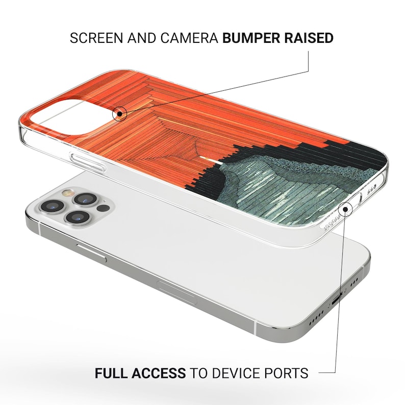 Pu&ograve; includere: Una custodia trasparente per telefono con un colorato design astratto. La custodia presenta un vivace motivo arancione e nero nella parte superiore, con un design grigio e verde nella parte inferiore. I testi "SCREEN AND CAMERA BUMPER RAISED" e "FULL ACCESS TO DEVICE PORTS" sono visibili.