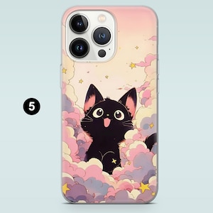 May include: A black cat with big eyes and a wide smile sits on a pink and purple cloud with stars. The cat is looking up at the sky. The background is a light pink with a gradient to a darker pink at the bottom.