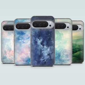 Könnte beinhalten: Fünf Handyhüllen mit Aquarelldesigns. Die Hüllen zeigen eine Vielzahl von Farben, darunter Rosa, Blau, Grün und Gelb. Jede Hülle hat einen transparenten Rand und einen Kameraausschnitt.
