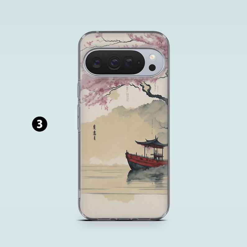 May include: Clear phone case featuring a Japanese-style painting of a red boat on water, with a pagoda and cherry blossom tree. The case has a camera cutout and a number 3 in a black circle.