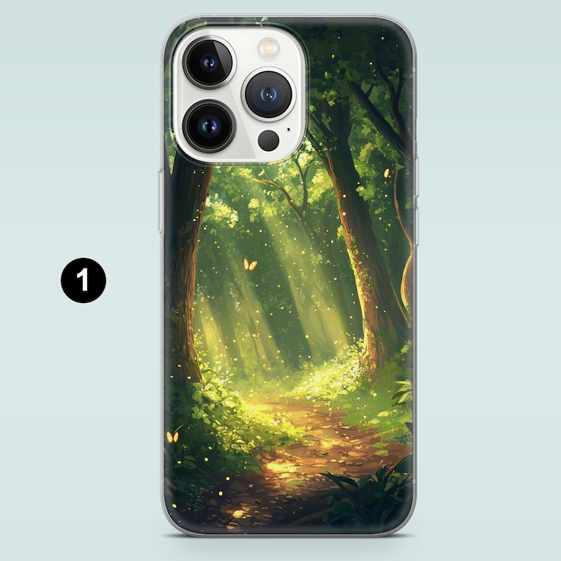 May include: A phone case with a design of a forest path with sunlight streaming through the trees. The path is lined with green foliage and there are butterflies flying in the air.