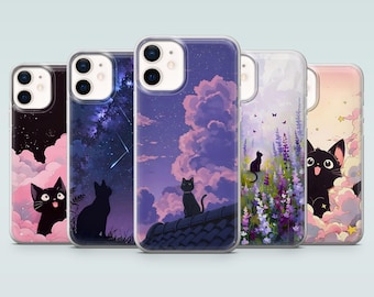 Black Cat Phone Case Kawaii Cat Cute Animal Cover for iPhone 17Pro, 16, 15, 14, 13, 12, 11,Samsung S25, S24, S23, A16, A35, Pixel 10, 9A, 8