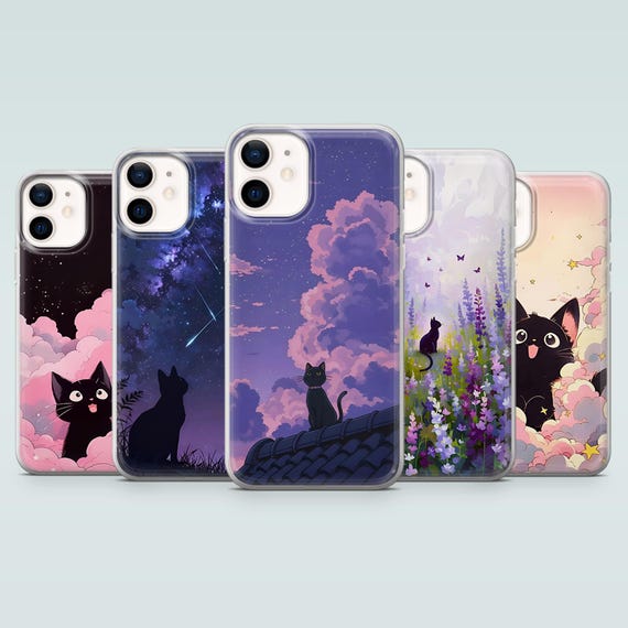 Black Cat Phone Case Kawaii Cat Cute Animal Cover for iPhone 17Pro, 16, 15, 14, 13, 12, 11,Samsung S25, S24, S23, A16, A35, Pixel 10, 9A, 8