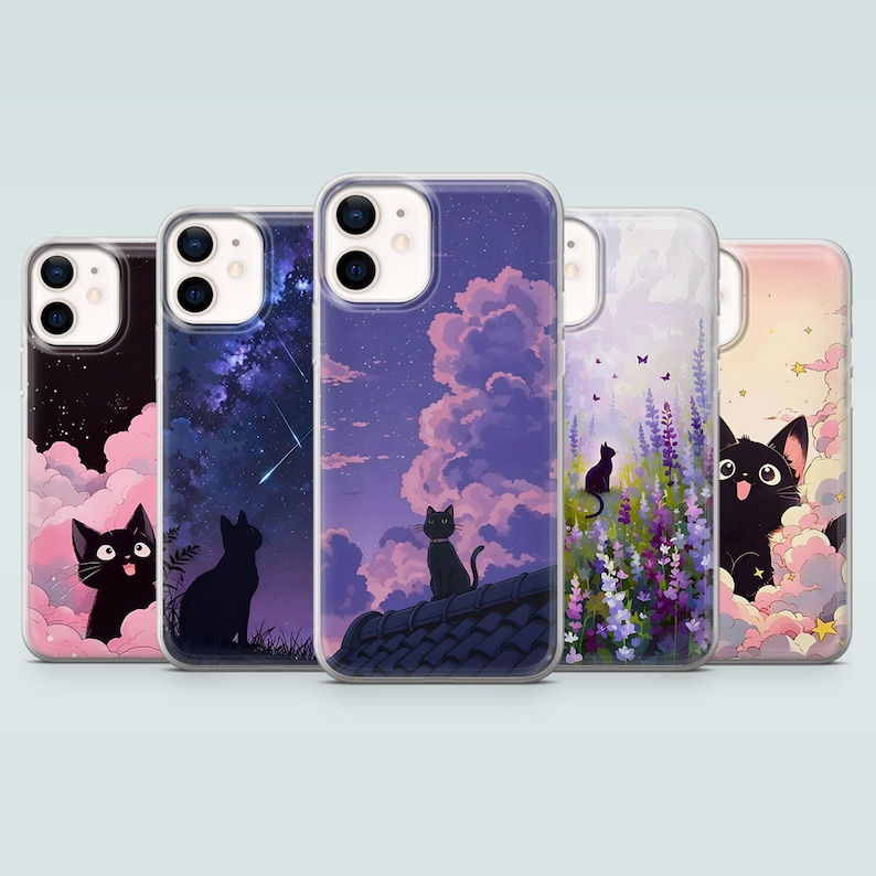 May include: Five different phone cases with a black cat design. The cases feature a variety of backgrounds, including a starry night sky, a cloudy sunset, and a field of flowers.