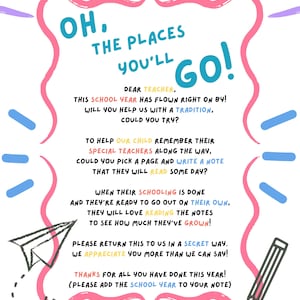 Lehrerbrief für ‘Oh, The Places You’ll Go’ Book.   Druckbare Notiz zum Jahresende.     Abschluss-Traditions-Andenken für Studenten