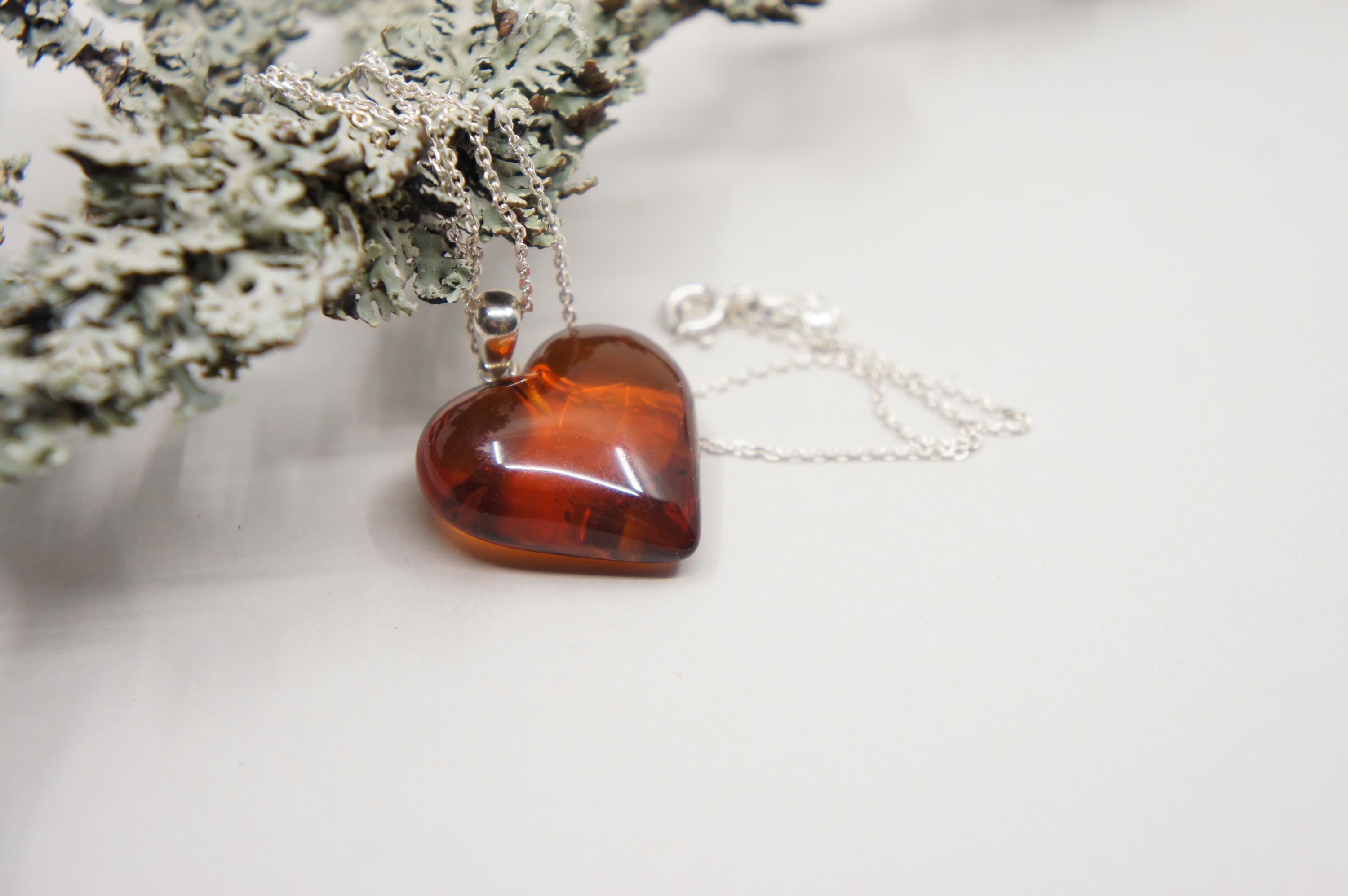 Orange Baltischer Bernstein Herz-Anhänger Sterling Silber 925