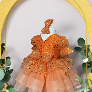 Orange Sequin Party Dress For Girls with Hair Accessory, Sweetheart Neckline Party Dress, Birthday Party Dress for Baby Girls