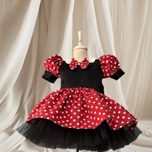 Red and White Polka Dot Minnie Dress with Hair Accessory, Twirly Skirt, Ruffled Sleeves, Perfect for Minnie Theme Parties, Baby Party Dress