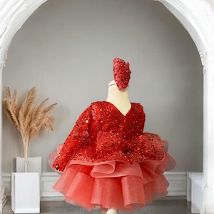 Elegant Red Tutu Baby Girl Dress with Hair Accessory, Baby Dress, Birthday Dress For Toddler, Red Dress, Party Dress For Girls, Baby Dress