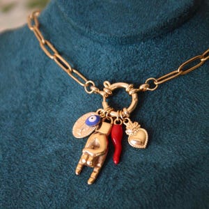 Personalized Gold Italian Lucky Protection Necklace Mano Cornuto Necklace, Sacred Heart Necklace, Evil Eye Necklace, Lucky Horn Necklace