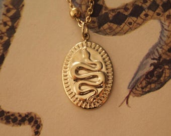 Snake Medallion, Gold Serpent Necklace, Gold Snake Necklace, Handmade Snake Charm Necklace, Waterproof Necklace, Gold Snake Jewelry