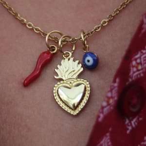 Custom Sacred Heart Cornicello Necklace, Italian Lucky Horn Evil Eye Charm, Protection Jewelry, Italian Horn Necklace, Lucky Charm Necklace
