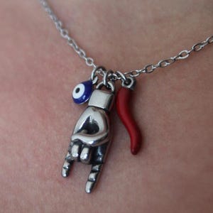 Italian Lucky Charm Necklace, Evil Eye Mano Cornuto Pendant, Cornicello Portafortuna Necklace, Italian Protection Jewelry, Malocchio Amulet