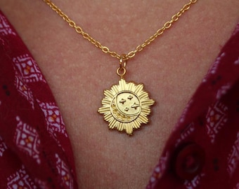 Sun and Moon Necklace, Celestial Pendant, Gold Necklace, Zodiac Jewelry, Waterproof Necklace, Stainless Steel, Handmade Italian Jewelry