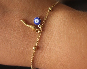 Custom Evil Eye Horn Bracelet – Choose Your Color – Italian Handmade Protection Charm – Personalized Adjustable Bracelet – Good Luck Jewelry