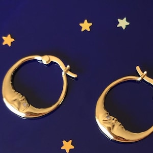 Crescent Moon Hoop Earrings Gold or Silver Plated, Brass Celestial Earrings, Crescent Moon with Zircon Eye, Dainty Lucky Hoops Handmade Gift