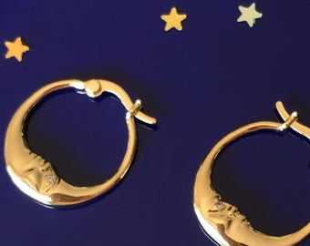 Crescent Moon Hoop Earrings Gold or Silver Plated, Brass Celestial Earrings, Crescent Moon with Zircon Eye, Dainty Lucky Hoops Handmade Gift
