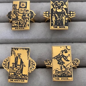 Gouden tarotkaartring, de dwaas tarotkaartring, tarotsieraden, de tovenaar tarotkaartring, de duivel tarotkaart, tarotkaart Death