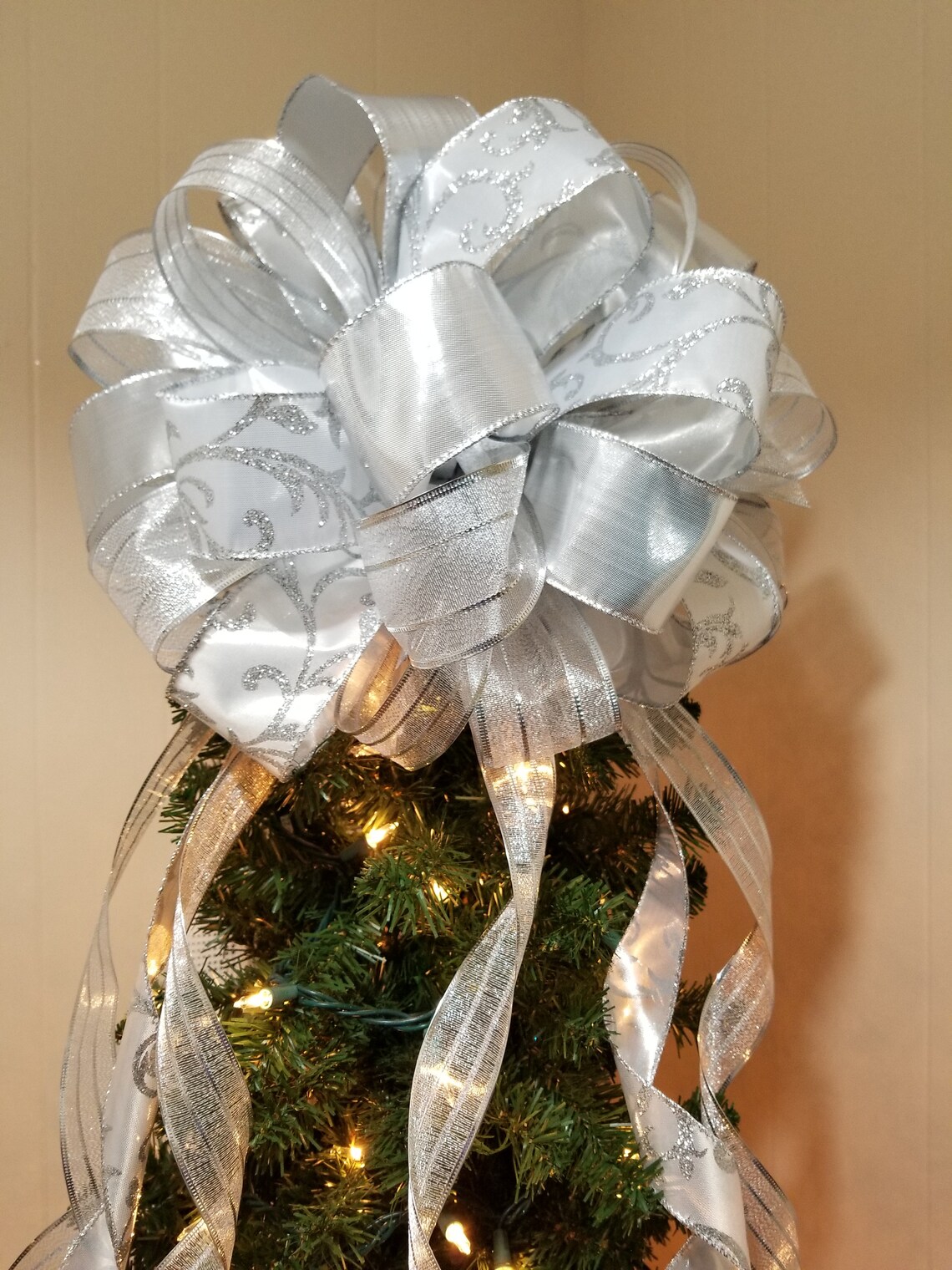 Silver Christmas Tree Topper Bow w/6 ft.streamers Etsy