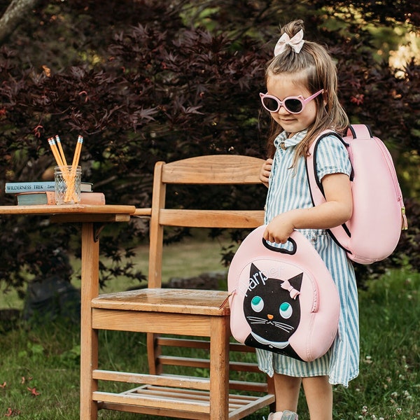 Personalized Pretty Kitty Girls Backpack and Lunch Box Set | Bookbag with Name for Back to School | Little Girls Back to School Bags