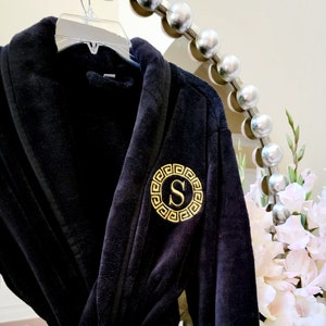 Personalized Men's Women's Plush Robe - Monogrammed Bathrobe with Greek Key - Mother's Day Father's Day Gift  - Bridal Robe Grooms Robe
