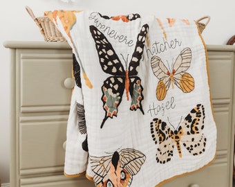 Personalized Butterfly Collector Cotton Muslin Baby Quilt for Kids - Family Tree Quilt - Group Name Quilt - Baby and Toddler Blanket Swaddle