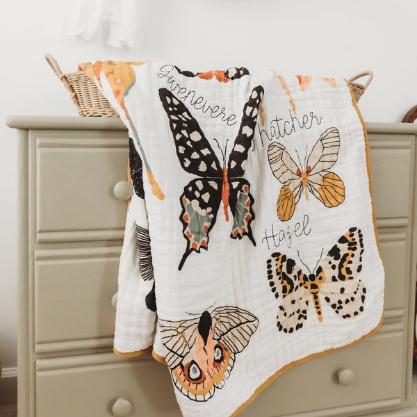 Personalized Butterfly Collector Cotton Muslin Baby Quilt for Kids - Family Tree Quilt - Group Name Quilt - Baby and Toddler Blanket Swaddle