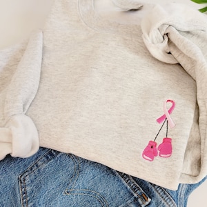 Customizable Fight Cancer Embroidered Crewneck Sweatshirt, T-Shirt, Hoodie for Women with Ribbon and Boxing Gloves - Cancer Gift