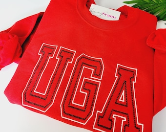 UGA Embroidered Crewneck Sweatshirt for Women or Men - Georgia College Red and Black Shirt