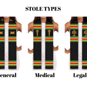May include: Three graduation stoles with the text "Stole Types". The stoles are black with gold, red, and green stripes. The stoles are labeled "General", "Medical", and "Legal".