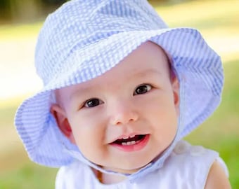 Seersucker Kid's Bucket Hat UPF 25+ - Beach Sun Hat for Babies - Blue Seersucker Hat for Kids - Toddler Sun Hat