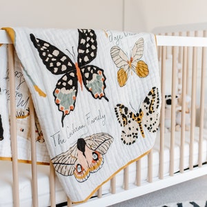 Personalized Butterfly Cotton Muslin Throw for Kids - Family Tree Quilt - Group Name Quilt - Baby and Toddler Quilt Blanket Swaddle