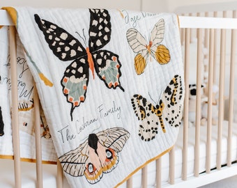 Personalized Butterfly Cotton Muslin Throw for Kids - Family Tree Quilt - Group Name Quilt - Baby and Toddler Quilt Blanket Swaddle