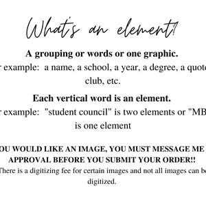 May include: White background with black text explaining the concept of an "element" in design. The text includes examples like a name, school, or quote. It also provides instructions for image requests and mentions a digitizing fee.