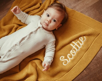 Baby Blanket with Name - Personalized Baby Toddler Knitted Blanket - Baby Gift For Girl or Boy - Embroidered Stroller Blanket - Newborn Gift