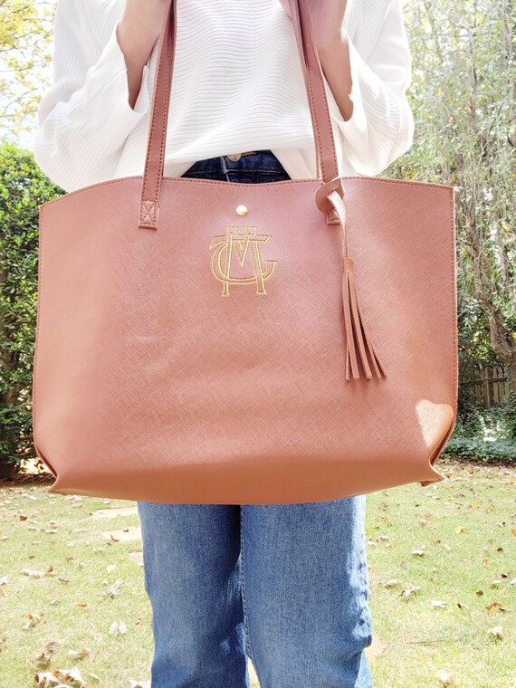 Monogrammed Brown Tote Bag for Women Personalized Work Tote Etsy