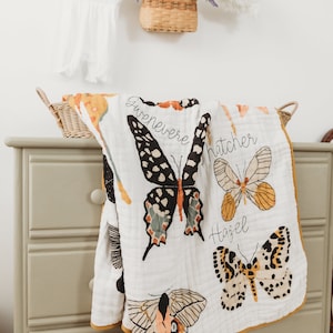 Personalized Butterfly Cotton Muslin Throw for Kids Family Tree Quilt Group Name Quilt Baby and Toddler Quilt Blanket Swaddle image 5