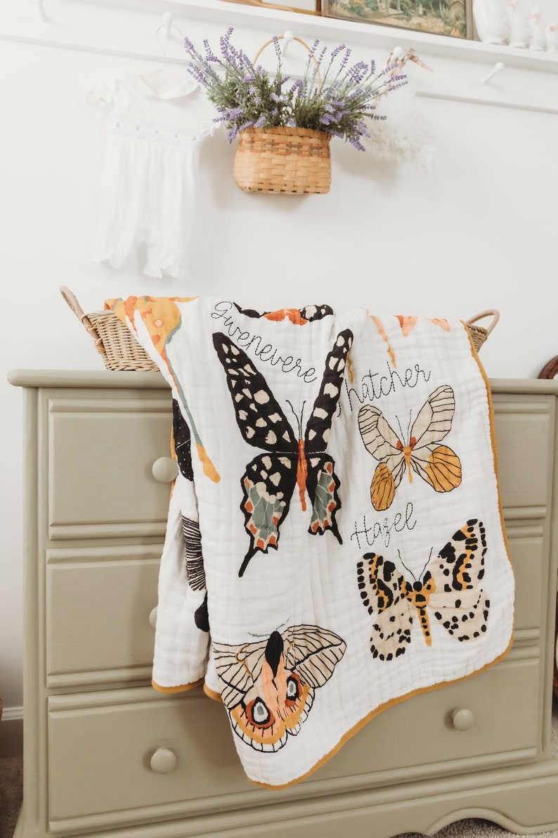 Personalized Butterfly Cotton Muslin Throw for Kids Family Tree Quilt Group Name Quilt Baby and Toddler Quilt Blanket Swaddle image 5