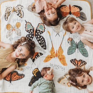 Personalized Butterfly Cotton Muslin Throw for Kids - Family Tree Quilt - Group Name Quilt - Baby and Toddler Quilt Blanket Swaddle