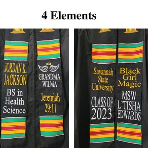 May include: Black graduation stoles with text in gold and white. The stoles have a black background with a colorful stripe design. Text includes names, degrees, and phrases like "Black Girl Magic" and "Class of 2023".