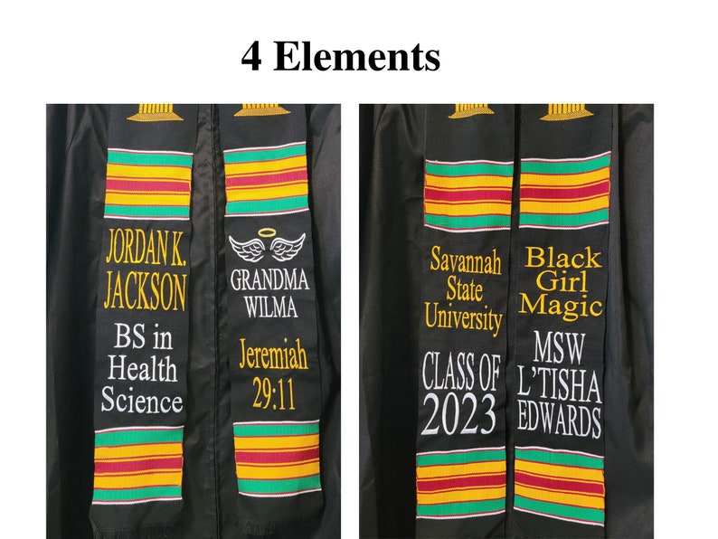 May include: Black graduation stoles with text in gold and white. The stoles have a black background with a colorful stripe design. Text includes names, degrees, and phrases like "Black Girl Magic" and "Class of 2023".